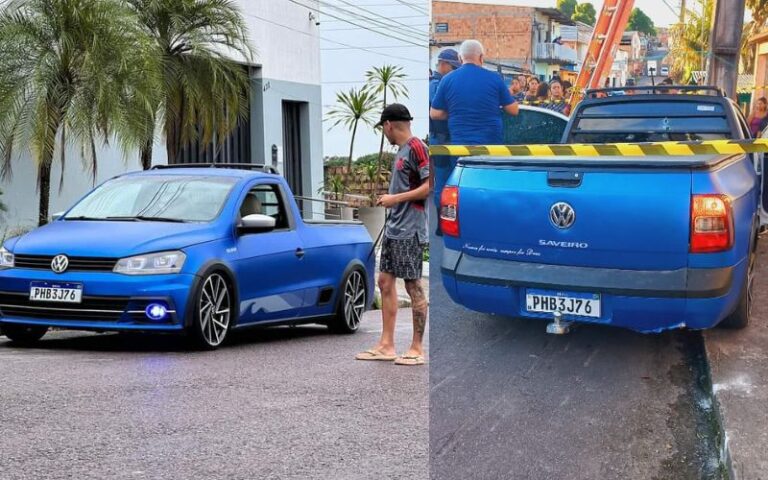 Lucas Picolé posou para fotos em carro que foi crivado de balas em Manaus